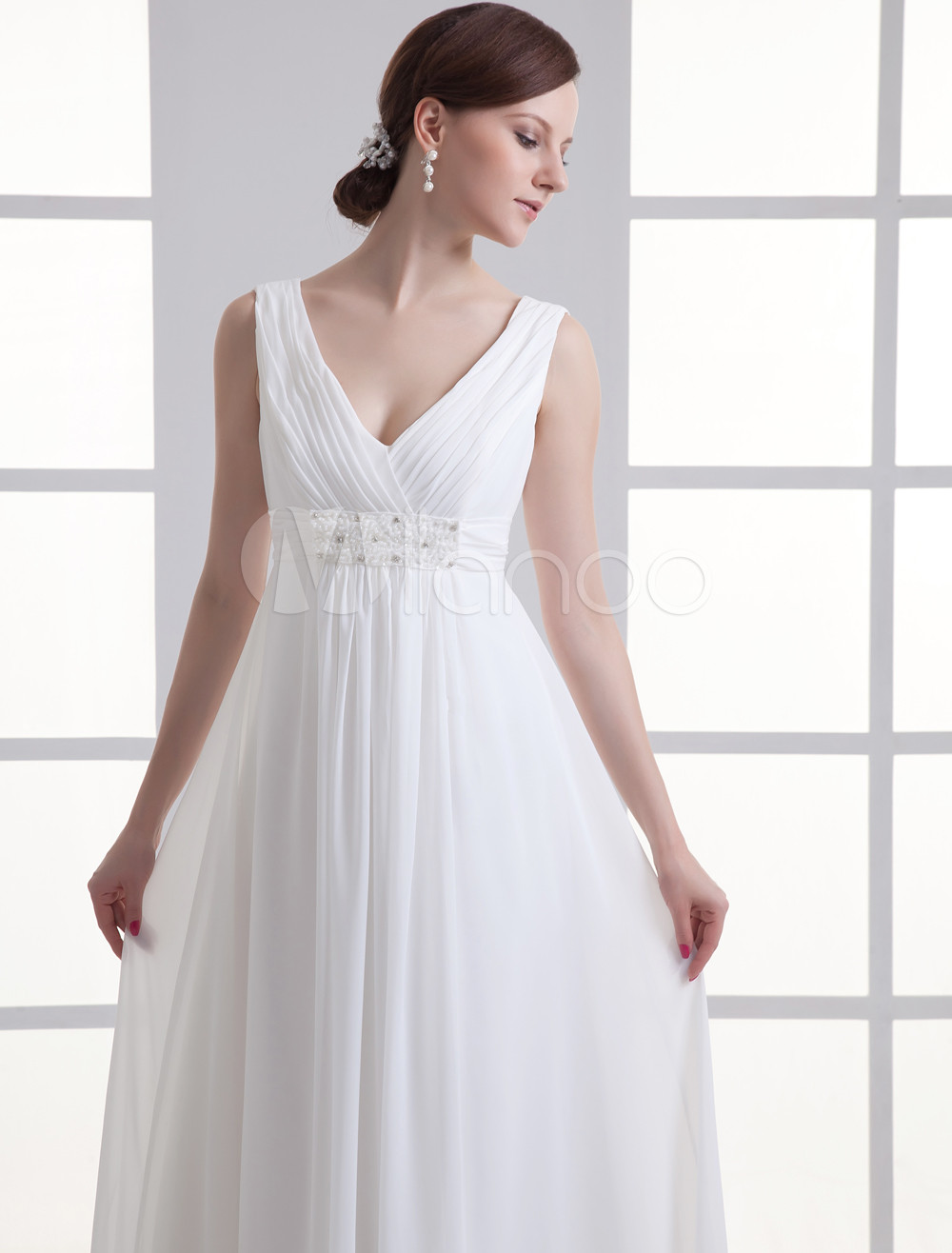 Ivory Sheath V Neck Beading Chiffon Wedding Dress 