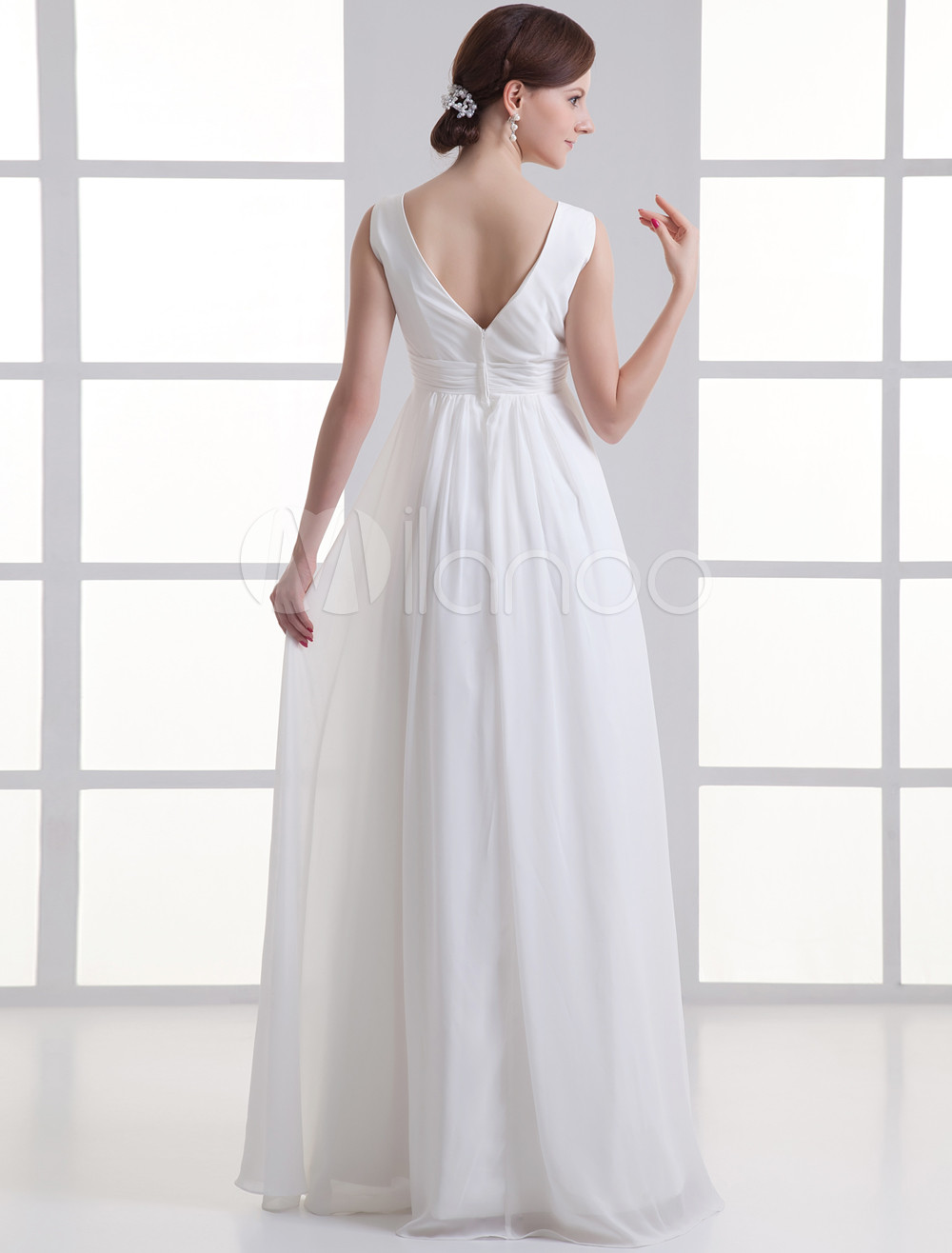 Ivory Sheath V Neck Beading Chiffon Wedding Dress