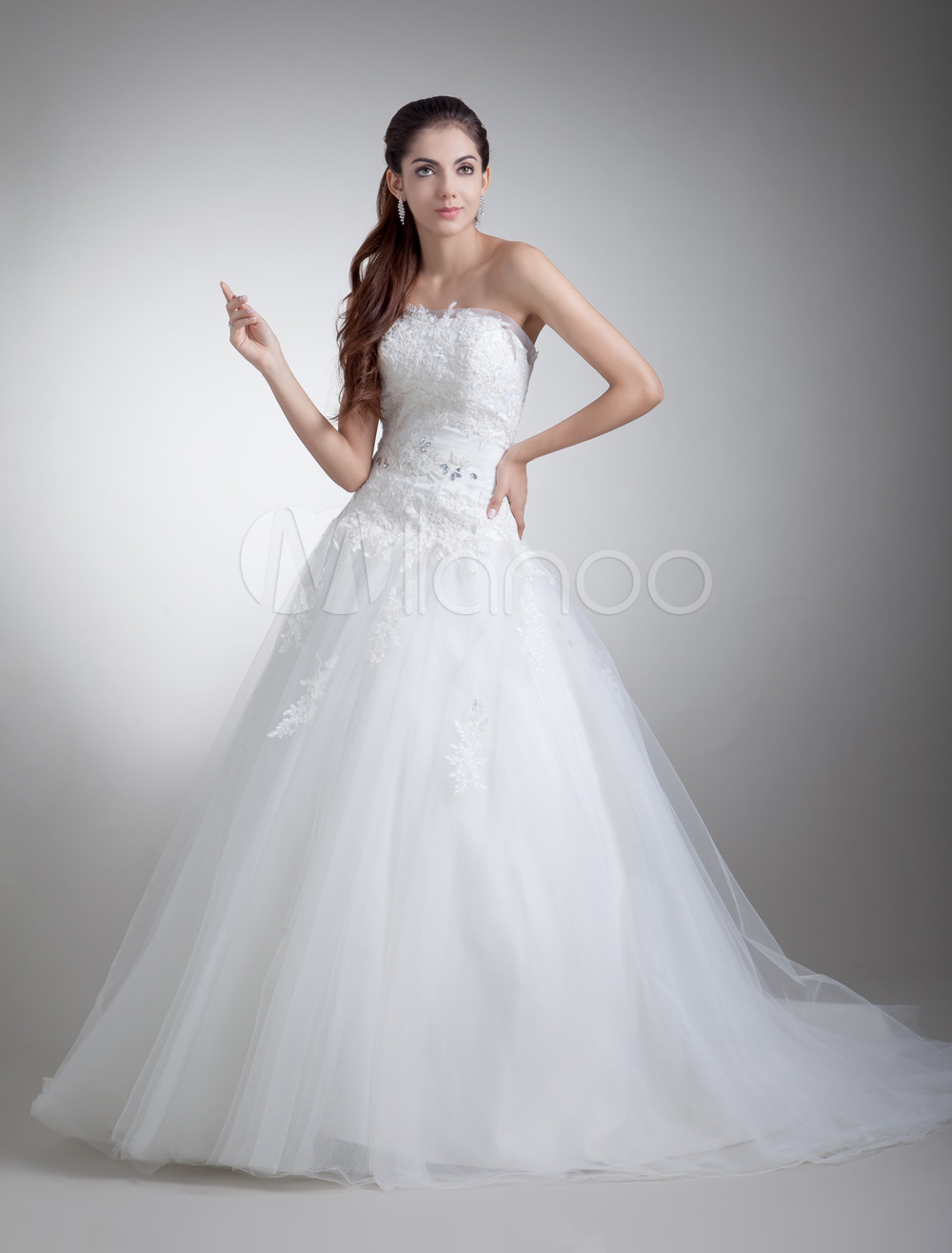 Chic White Strapless Applique Net Bridal Wedding Gown 1510