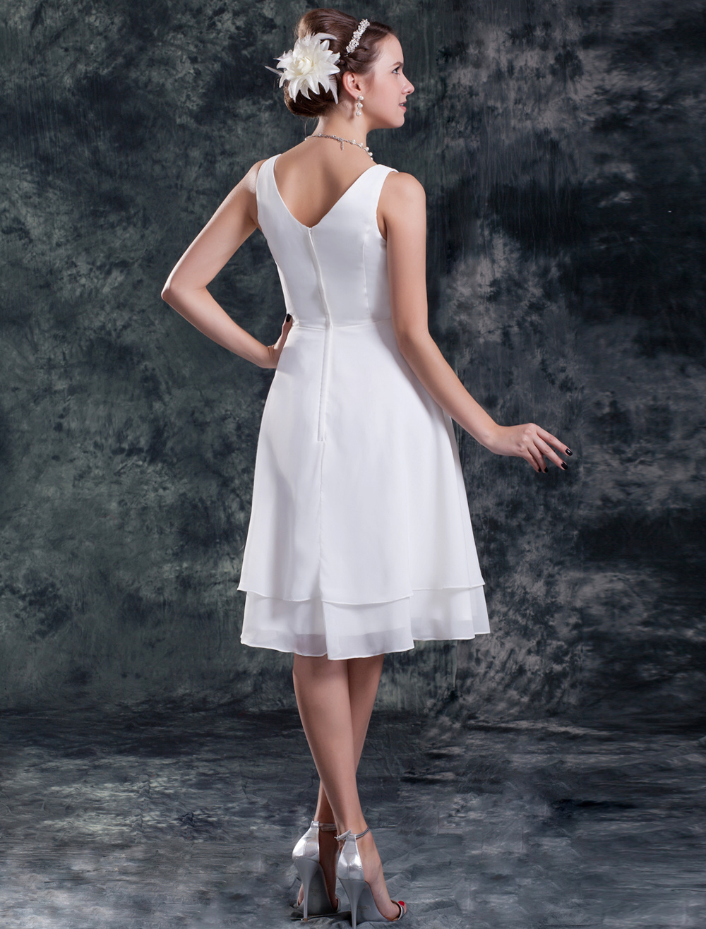 Simple Wedding Dresses White Short Bridal Dress Chiffon Tiered Ruched ...