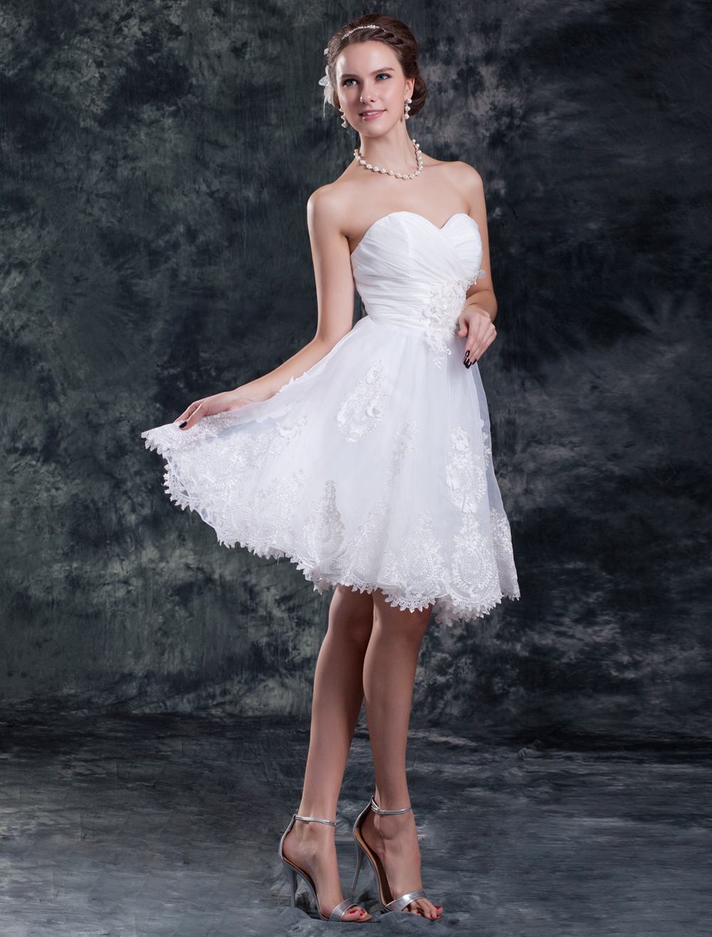 Knee-Length White A-line Sweetheart Neck Ruched Organza Wedding Dress ...