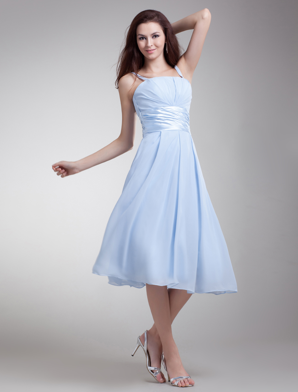 Baby Blue Bridesmaid Dress Chiffon Spaghetti Strap Ruched Waist A Line