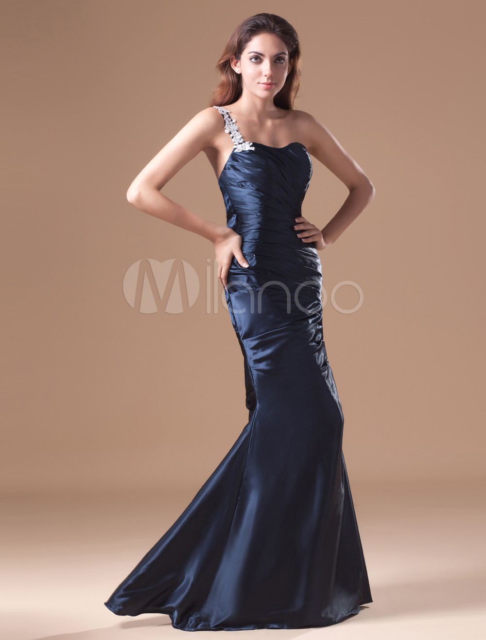 Slimming Dark Navy Beading One-Shoulder Women's Evening Dress - Milanoo.com