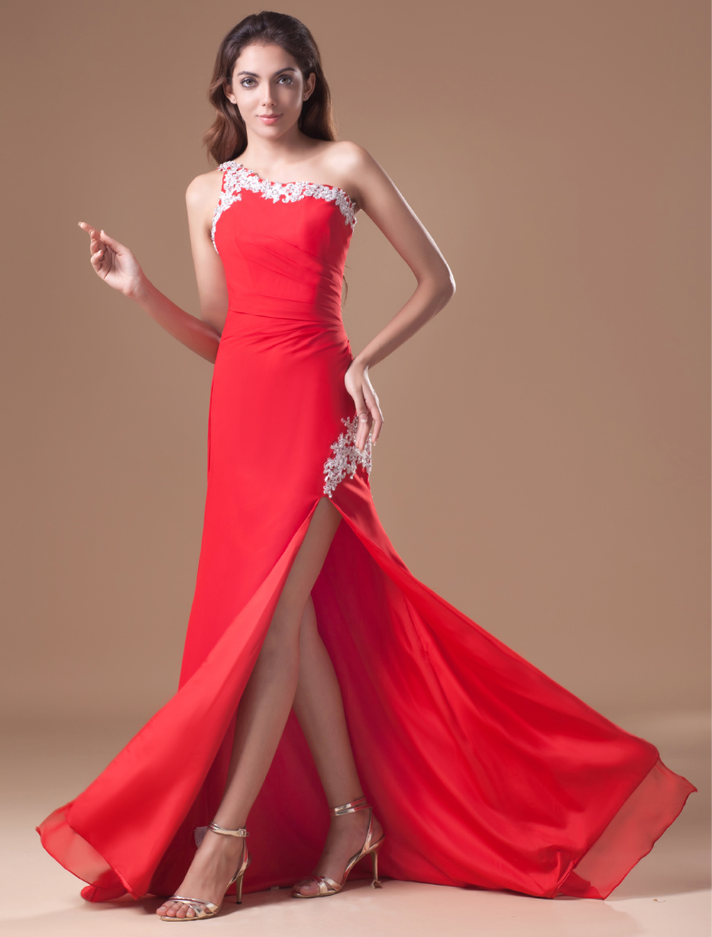 Side Split Red Chiffon Beading One-Shoulder Women's Evening Dress ...
