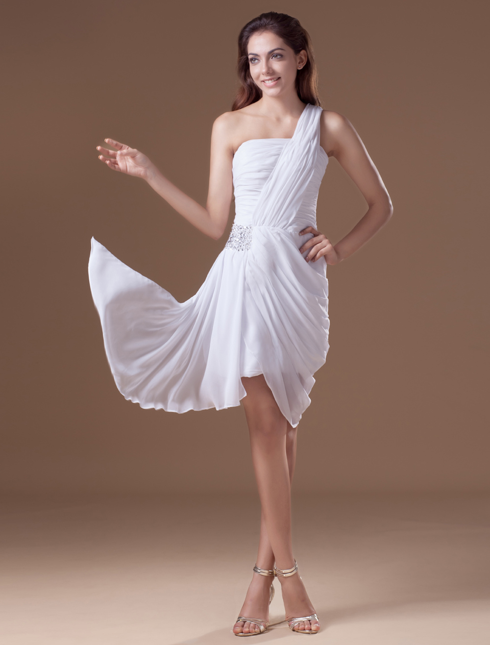 White Sheath Sequin One-Shoulder Chiffon Cocktail Dress - Milanoo.com
