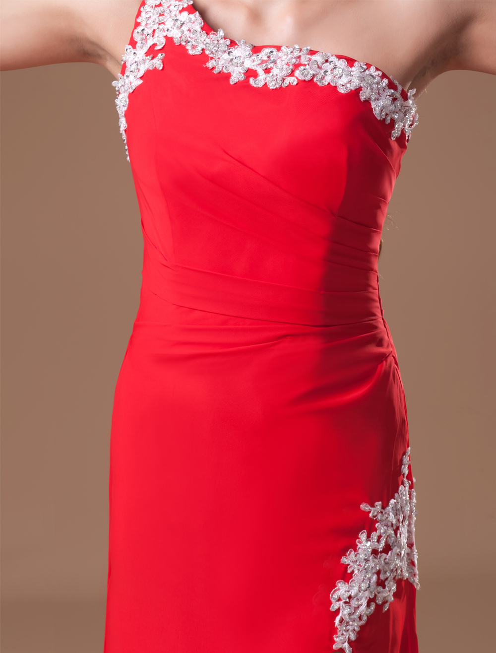 Side Split Red Chiffon Beading One Shoulder Womens Evening Dress