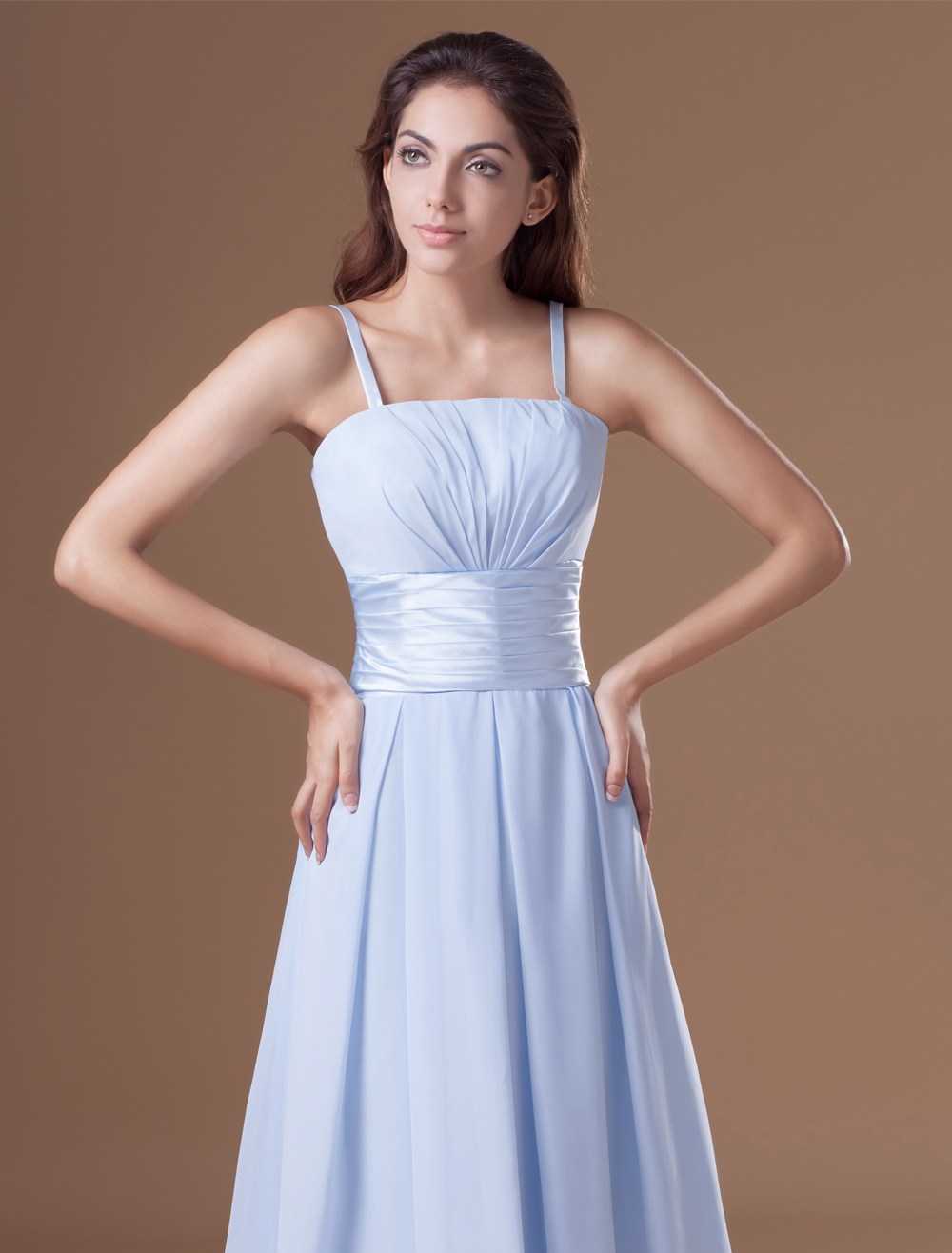 Chiffon Bridesmaid Dress Baby Blue Spaghetti Straps Party Dress Ruched 