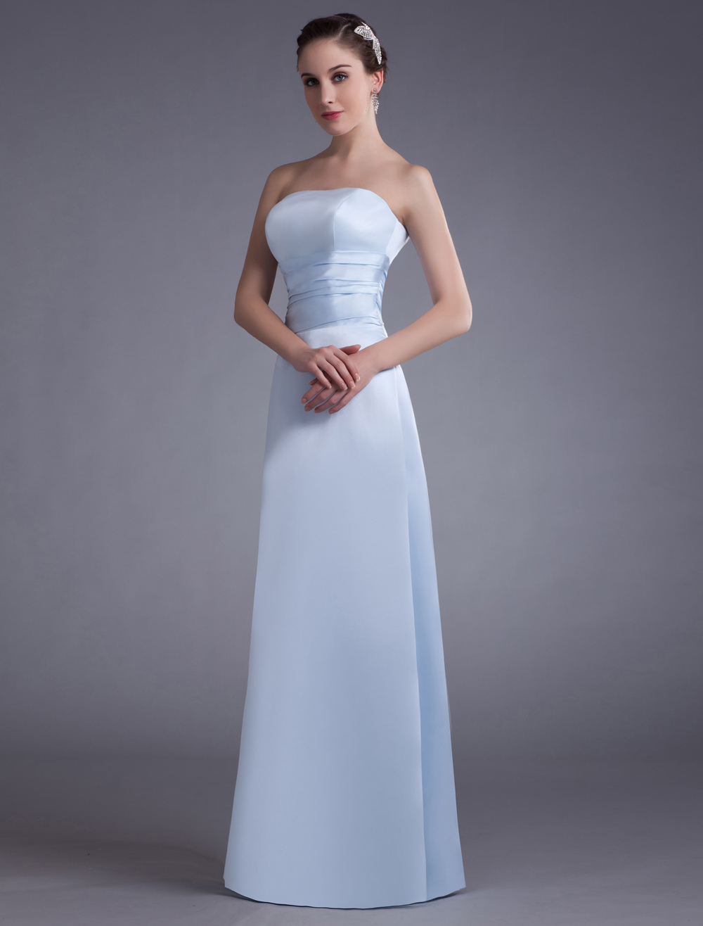 Satin Evening Dress Baby Blue Strapless Long Prom Dress Floor Length