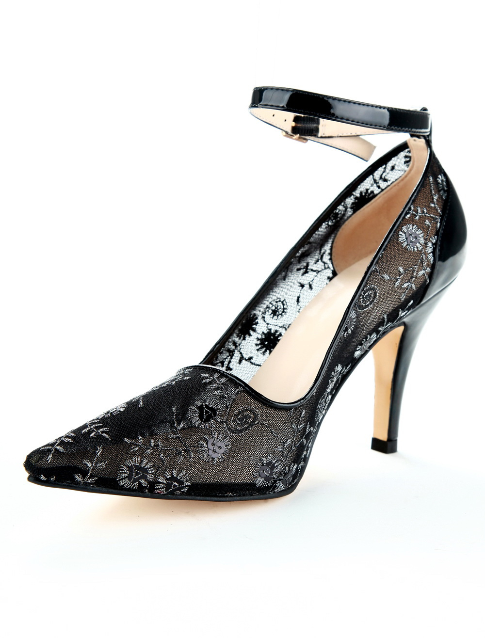 Black Mesh Floral Lace Pointy Toe Heels