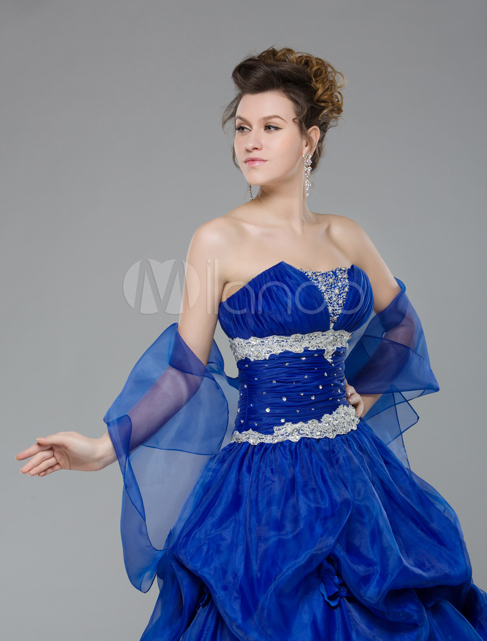 Dropped Strapless Royal Blue Organza Prom Dress With Applique 