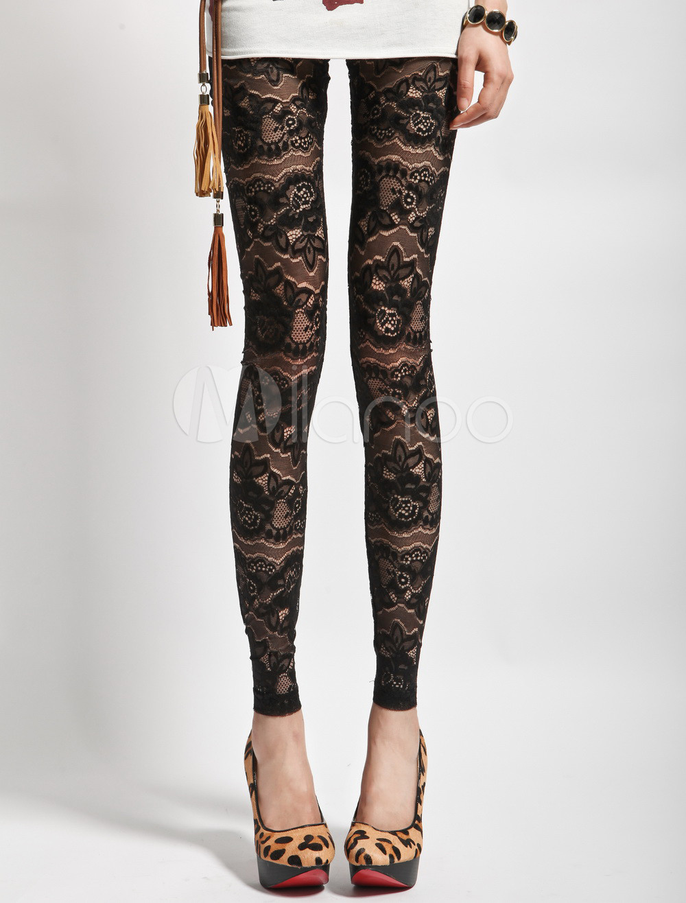 Cool Black Floral Print Lace Women's Leggings - Milanoo.com