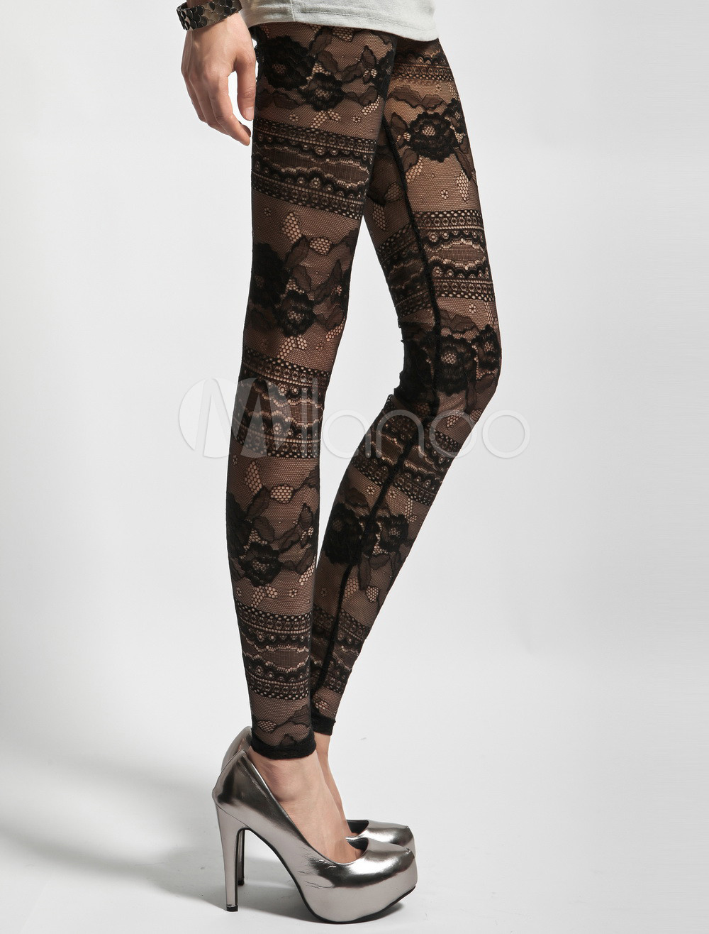 Black Floral Print Lace Leggings 1738