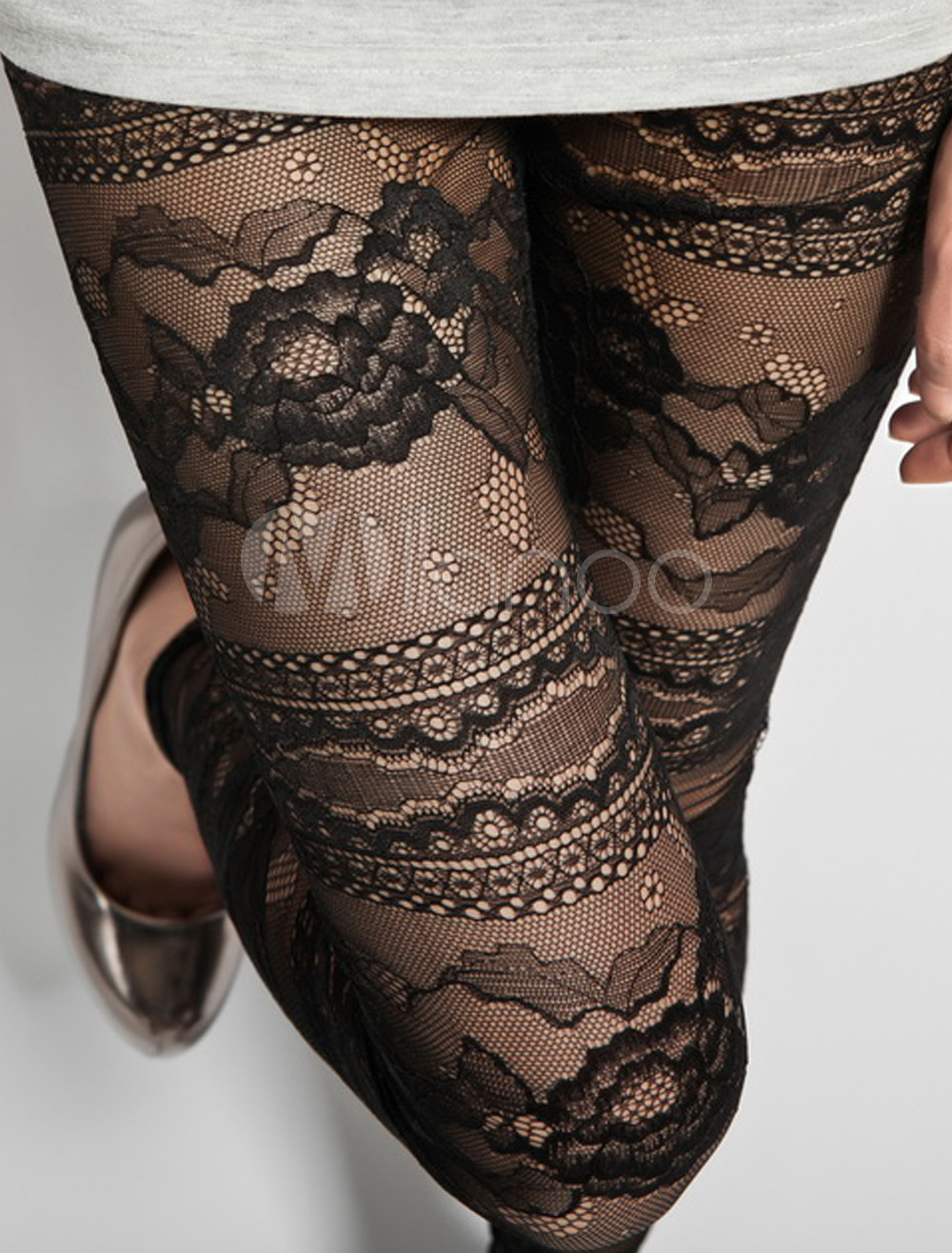 Black Floral Print Lace Leggings 3192