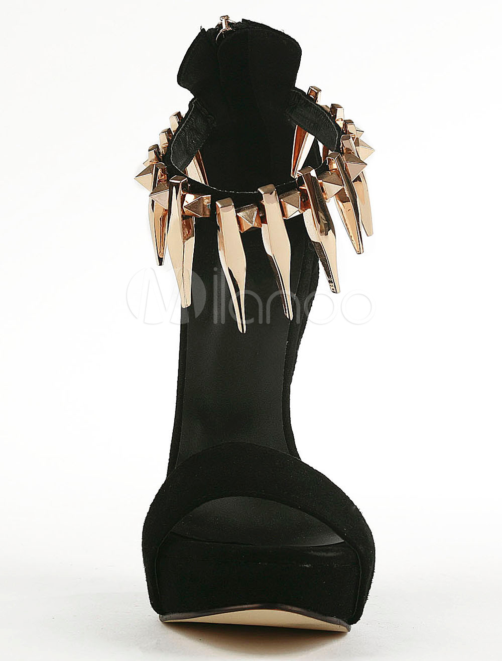 Chic Black Metallic Zipper Ankle Strap Suede Leather Wedge Shoes For