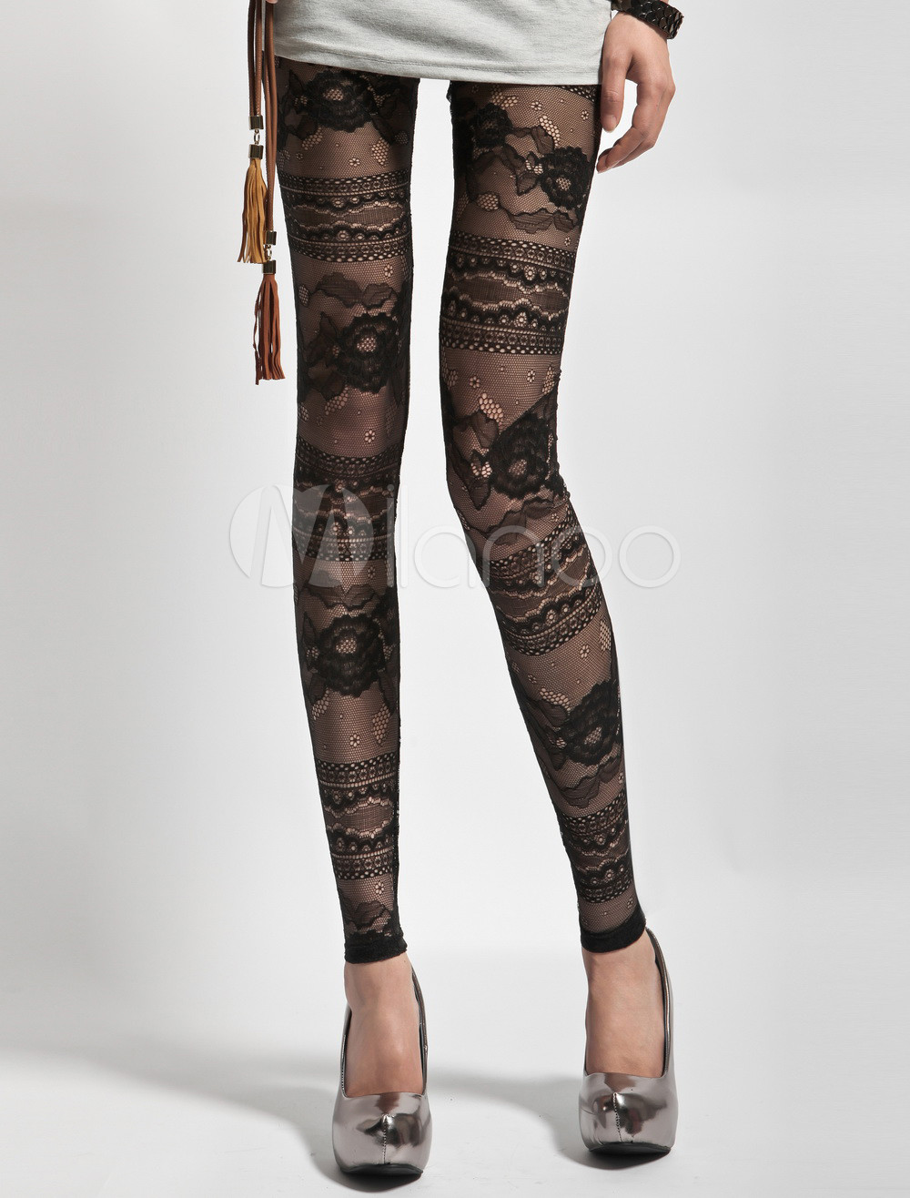 Black Floral Print Lace Leggings - Milanoo.com