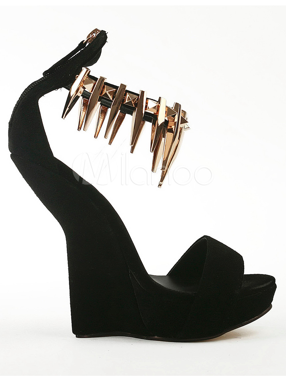 Chic Black Metallic Zipper Ankle Strap Suede Leather Wedge Shoes For