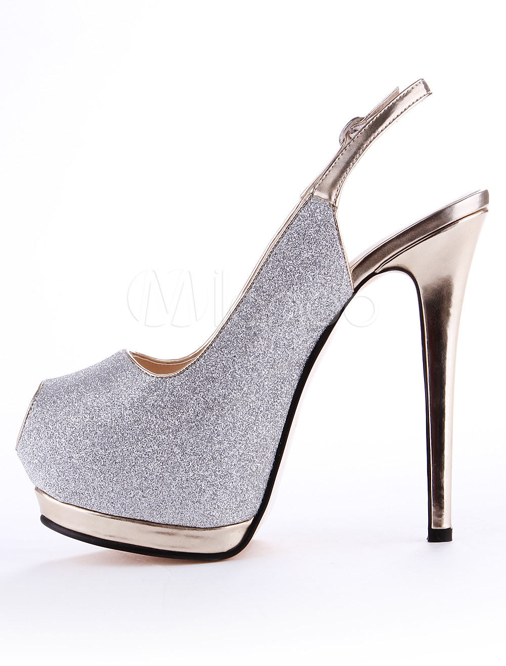 Chic Silver Synthetic Material Glitter Peep Toe High Heels