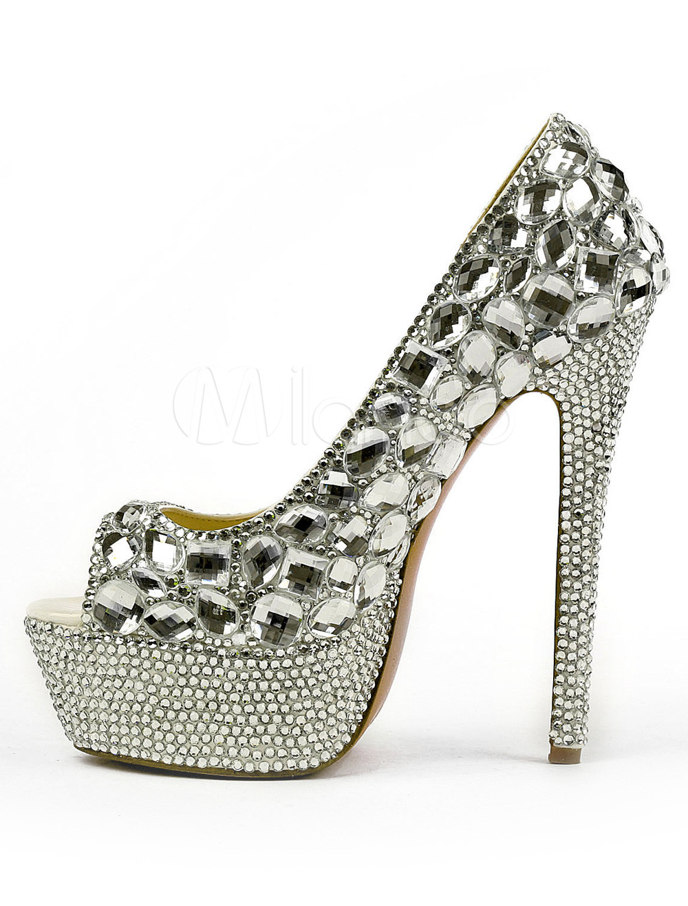 Sexy Silver Metallic Rhinestone Peep Toe High Heels