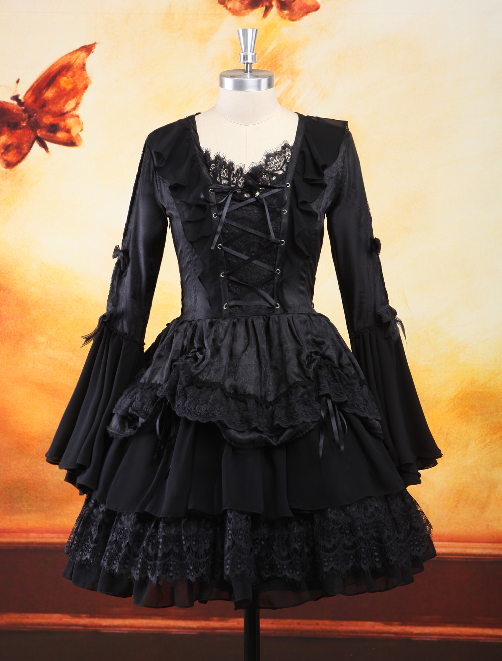 Gothic Black Lolita One Piece Dress Long Hime Sleeves Lace Up Layers ...