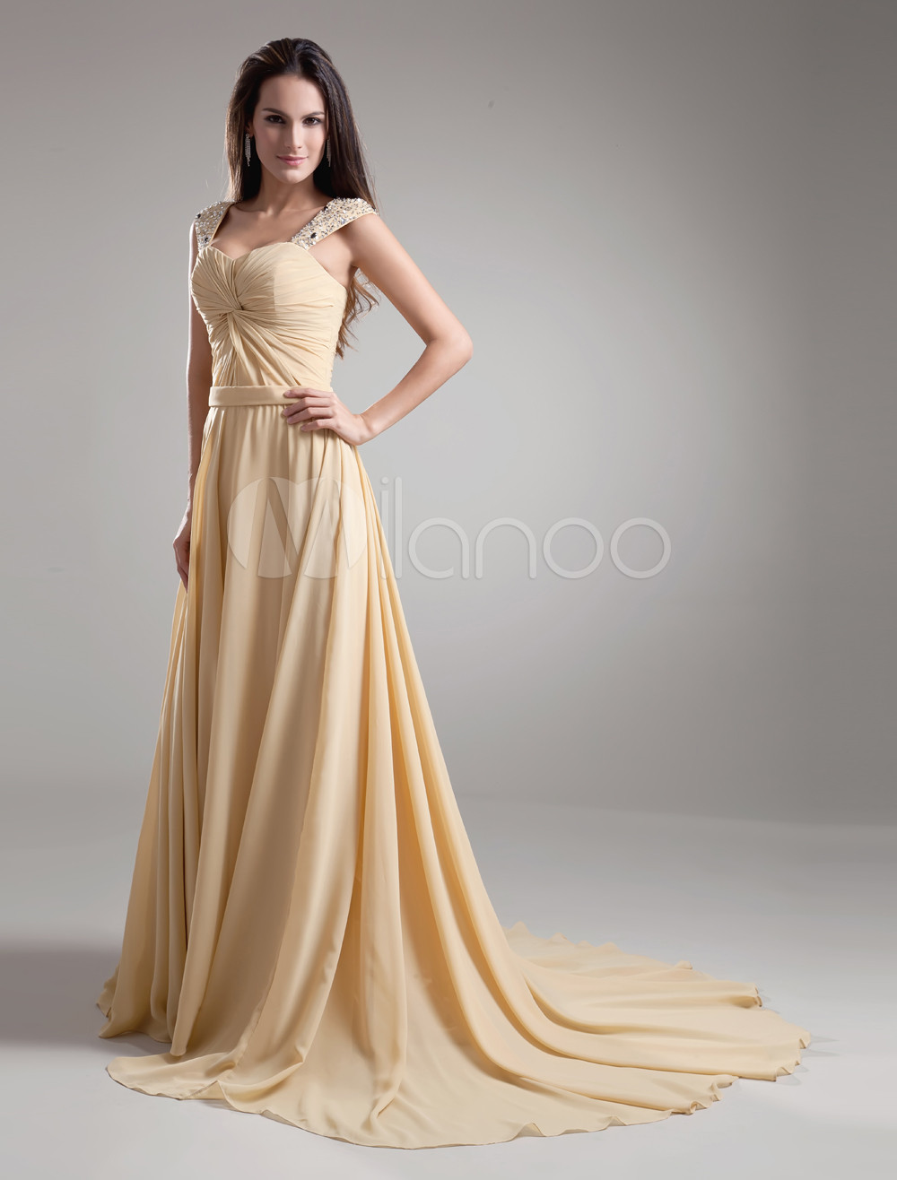 Champagne Chiffon Twisted Off The Shoulder Womens Evening Dress 