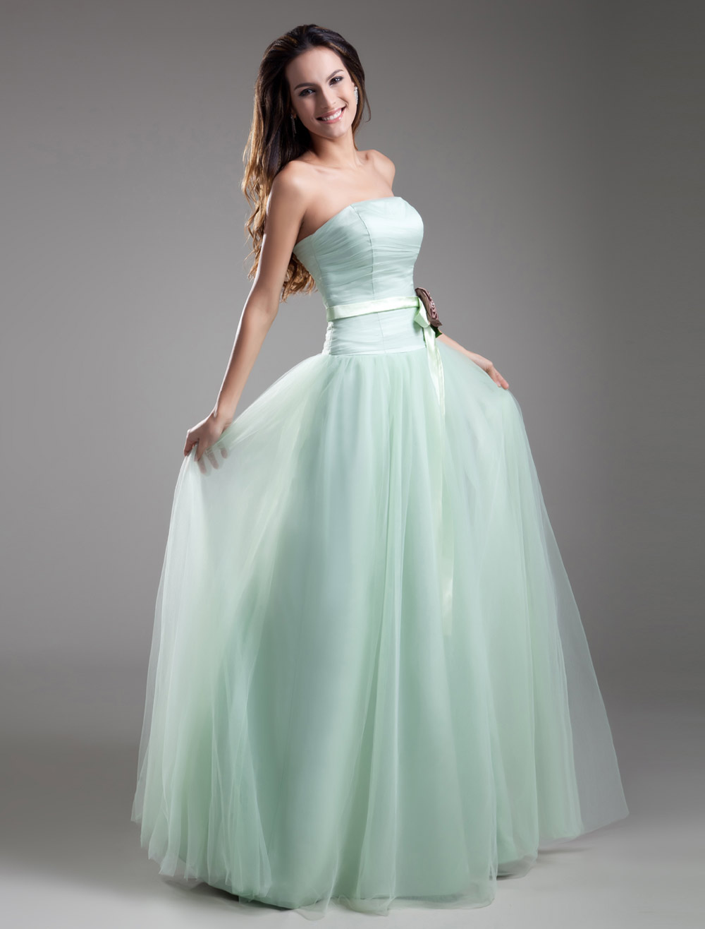 Strapless Evening Dress Pastel Green Formal Dress Waist Flower Floor