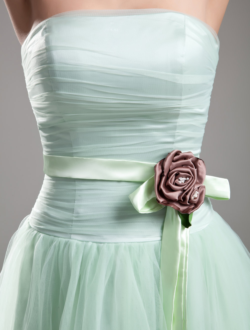 Strapless Evening Dress Pastel Green Formal Dress Waist Flower Floor