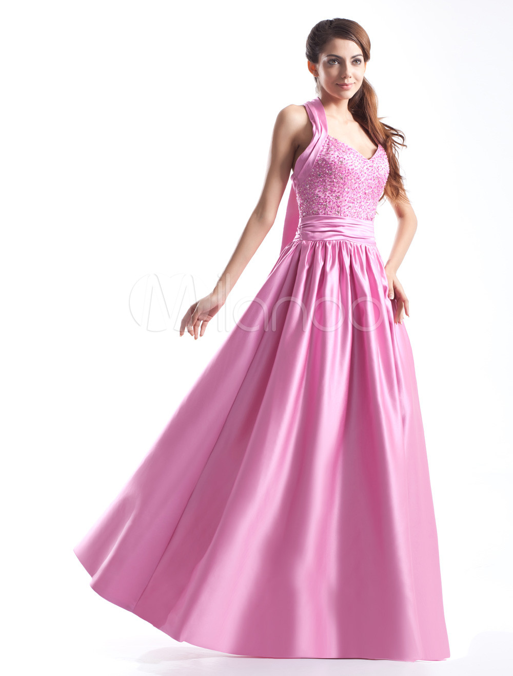 Aline Fuchsia Satin Prom Dress with Halter Bow