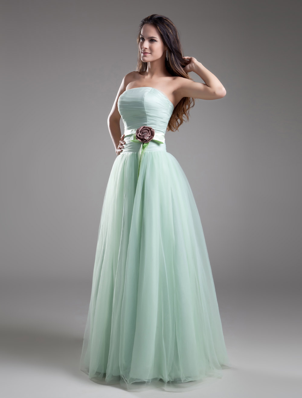 Strapless Evening Dress Pastel Green Formal Dress Waist Flower Floor