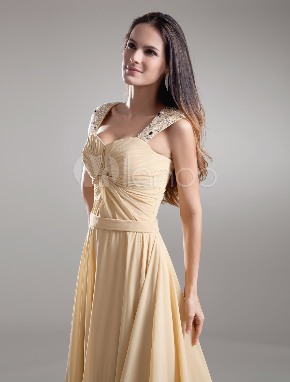 Champagne Chiffon Twisted Off-The-Shoulder Women's Evening Dress ...