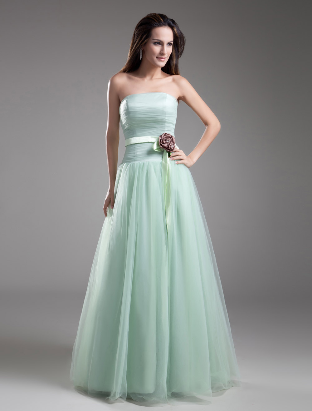 Strapless Evening Dress Pastel Green Formal Dress Waist Flower Floor