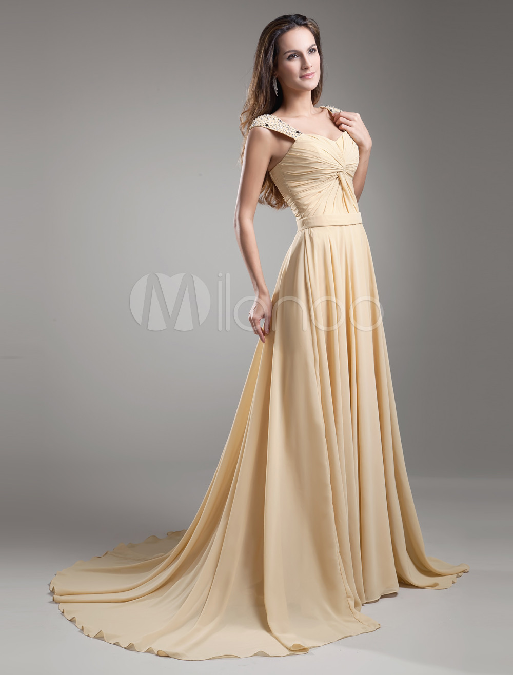 Champagne Chiffon Twisted Off-The-Shoulder Women's Evening Dress ...