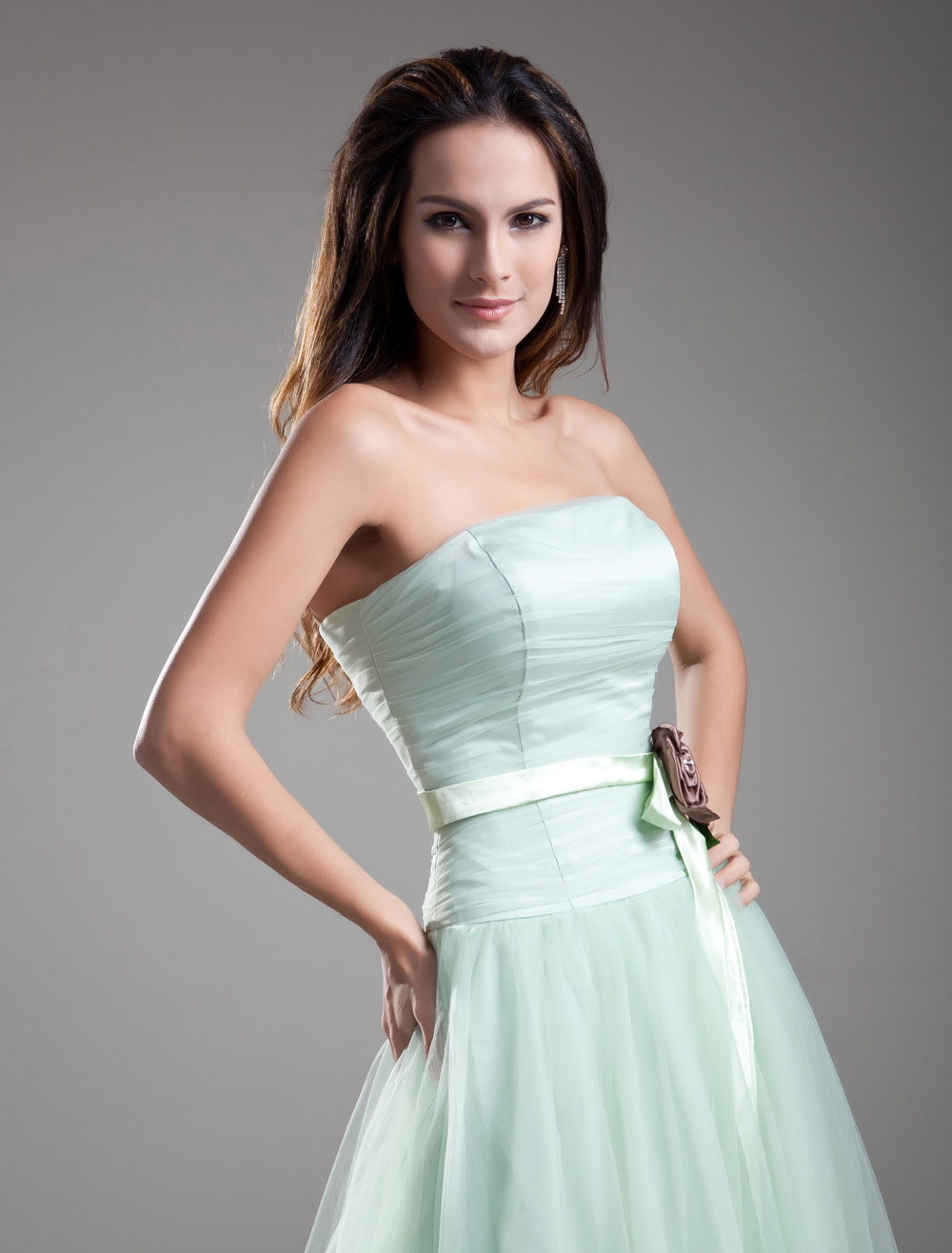 Strapless Evening Dress Pastel Green Formal Dress Waist Flower Floor