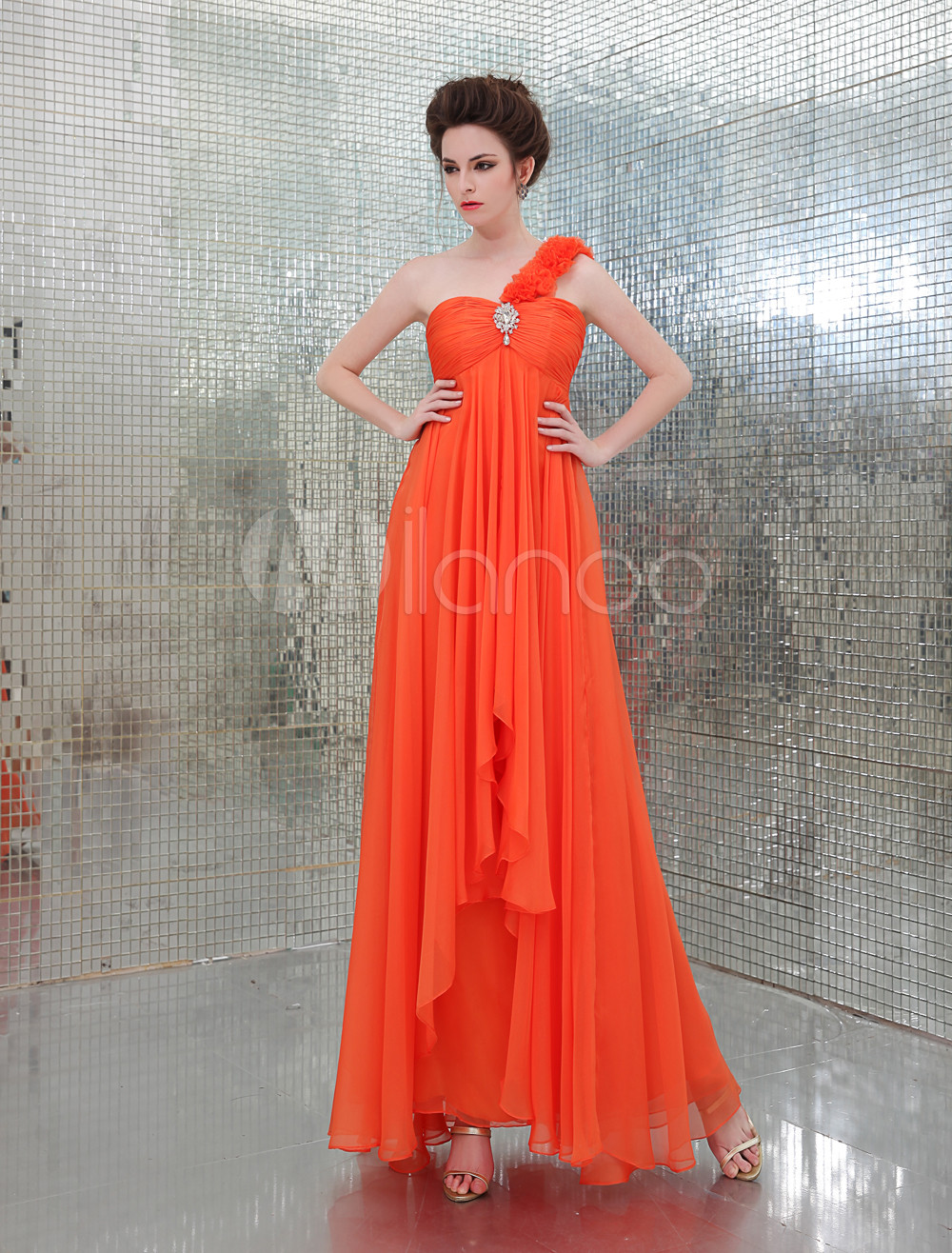orange and white one shoulder dress