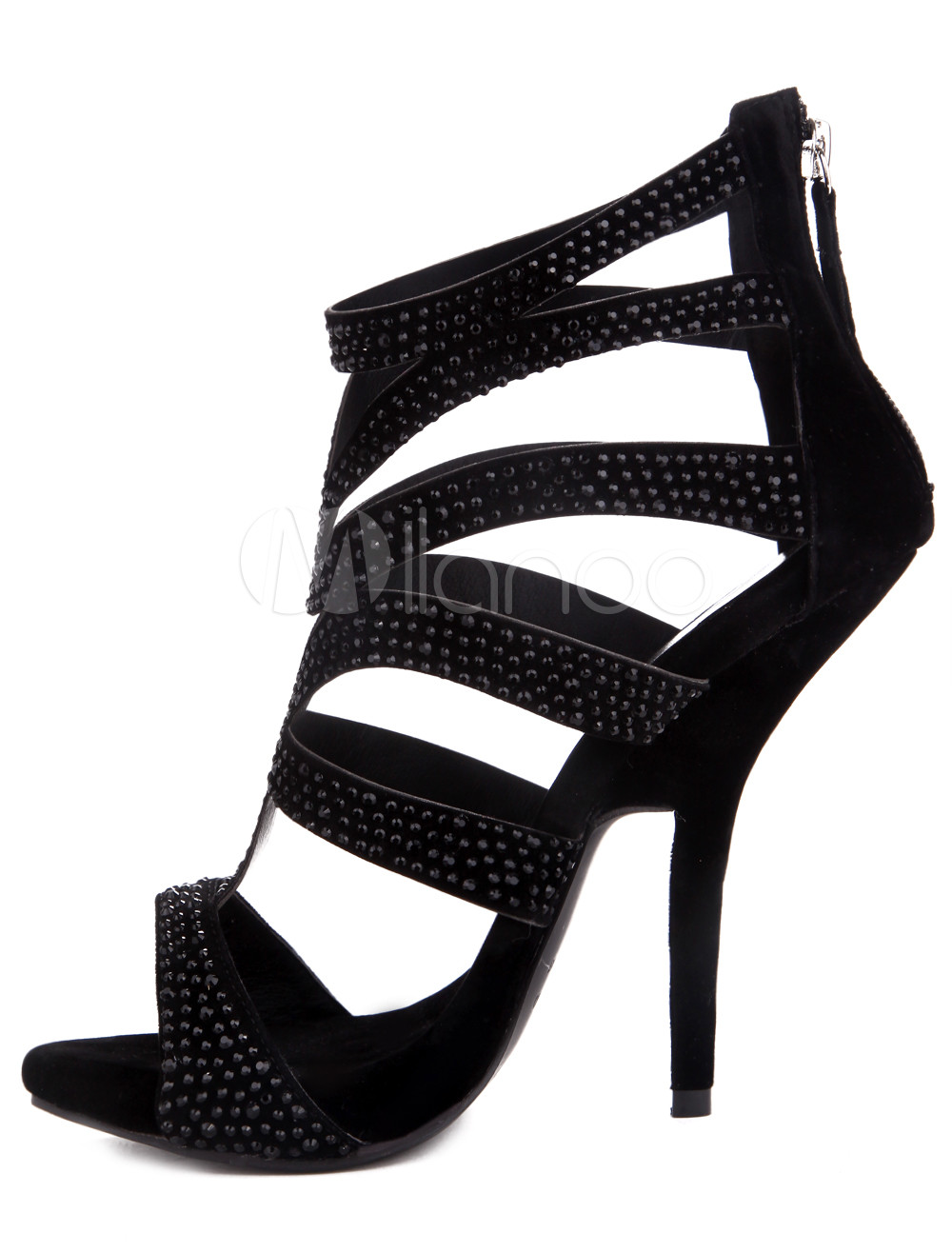Sexy Black Sheepskin Suede Stiletto Heel Women's Gladiator Sandals ...
