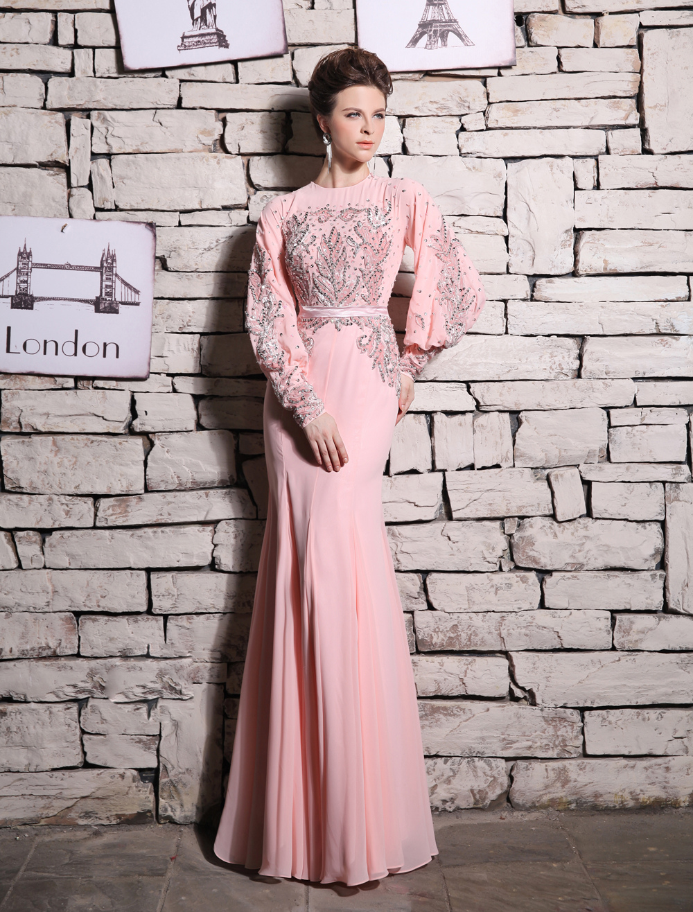 Pink Evening Dress Mermaid Beaded Rhinestone Prom Dress Milanoo