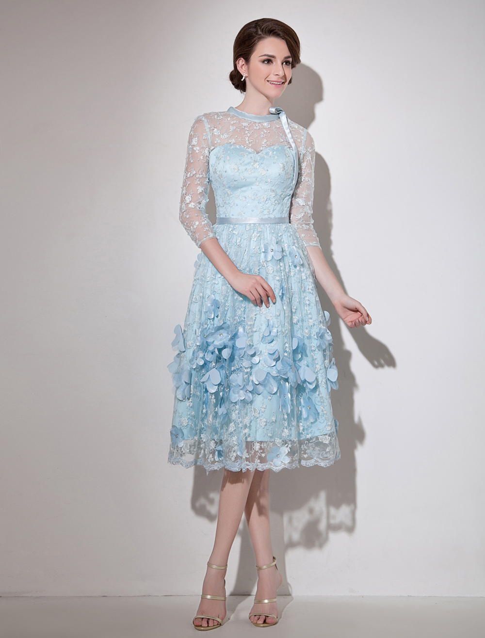 Lace Cocktail Dress Illusion 3D Flower Beaded Prom Dress Pastel Blue 3/ ...