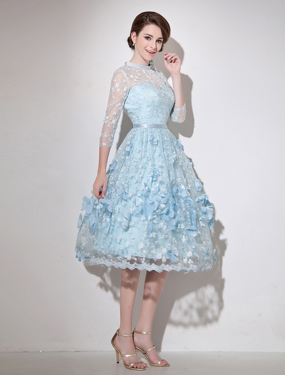 Lace Cocktail Dress Illusion 3D Flower Beaded Prom Dress ...