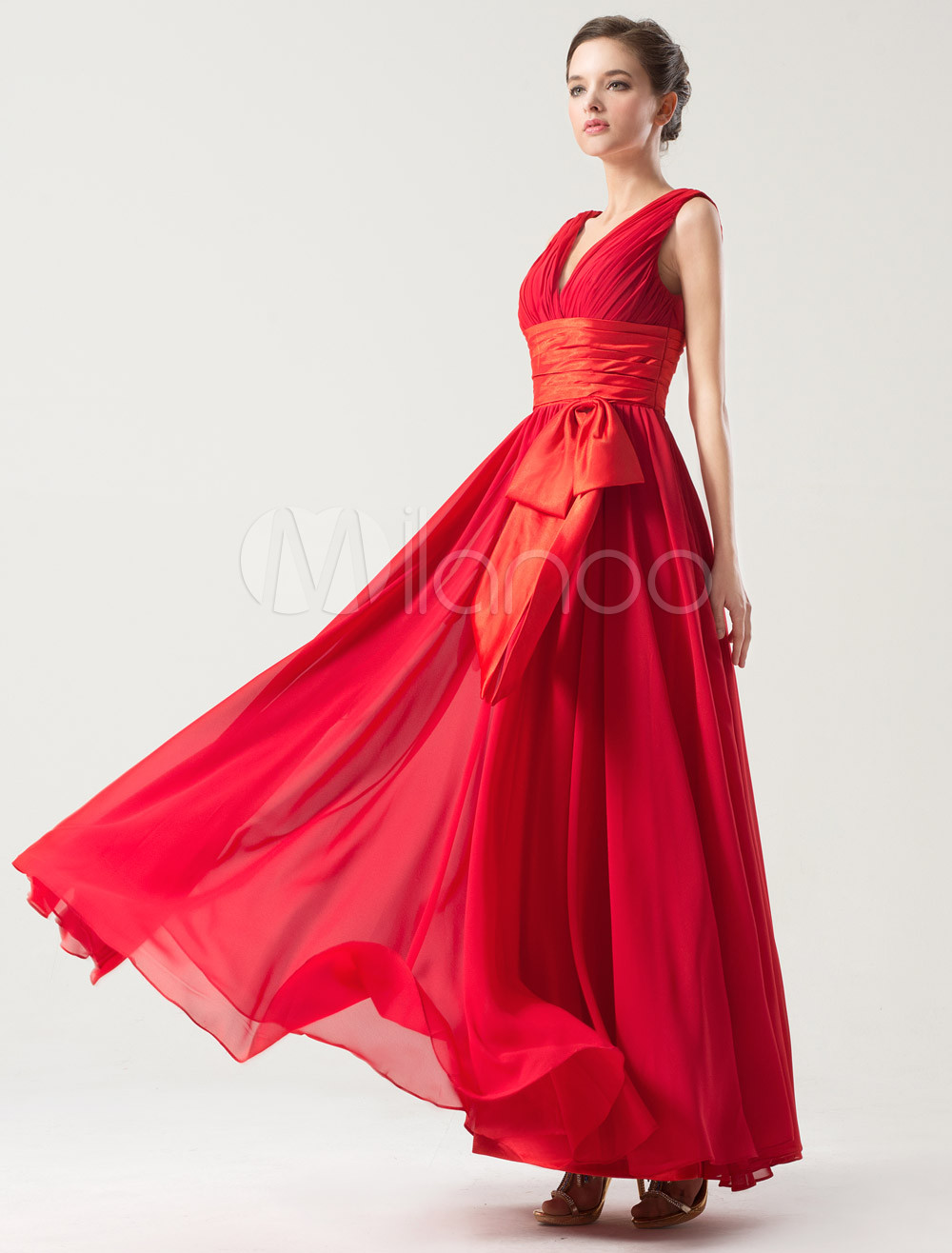 Red Maxi Chiffon Formal Prom Evening Dress with V Neck SA80881 main image 0