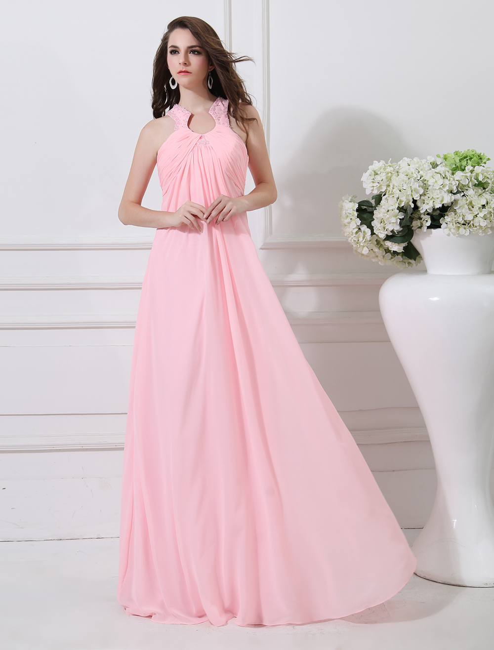 Grace Pink Keyhole Neck Pleated Sheath Chiffon Evening Dress - Milanoo.com