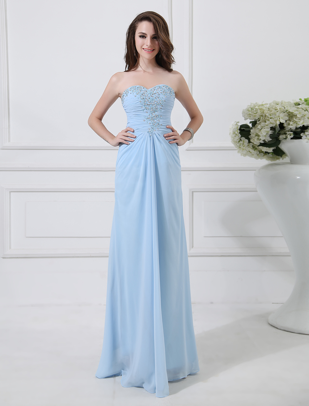 Chiffon Evening Dress Baby Blue Sweetheart Prom Dress Strapless ...