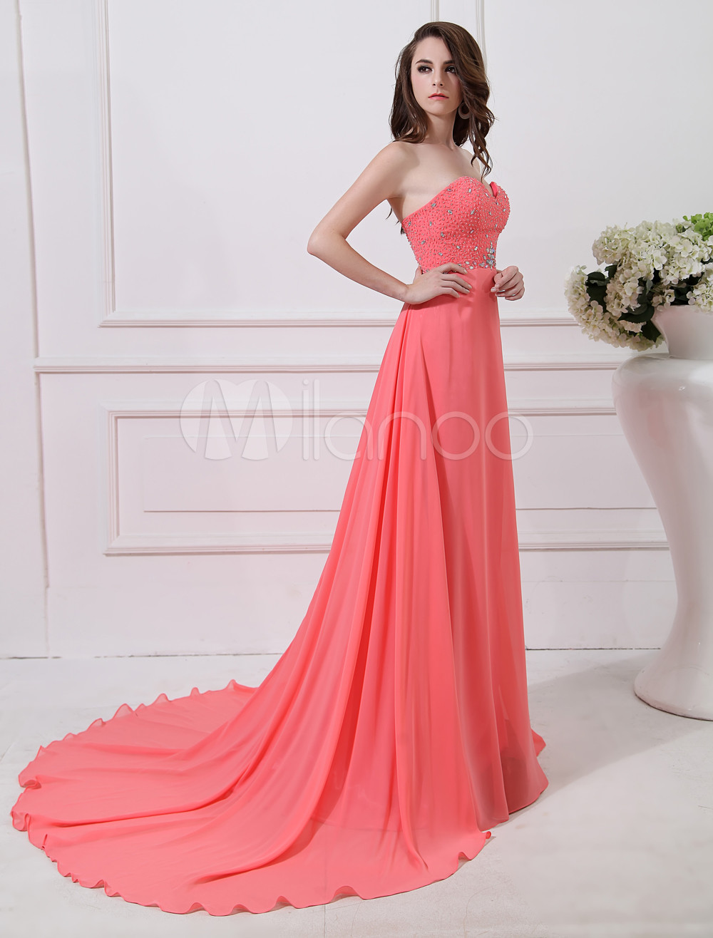 Watermelon Chiffon A Line Sweetheart Beading Prom Dress 6391