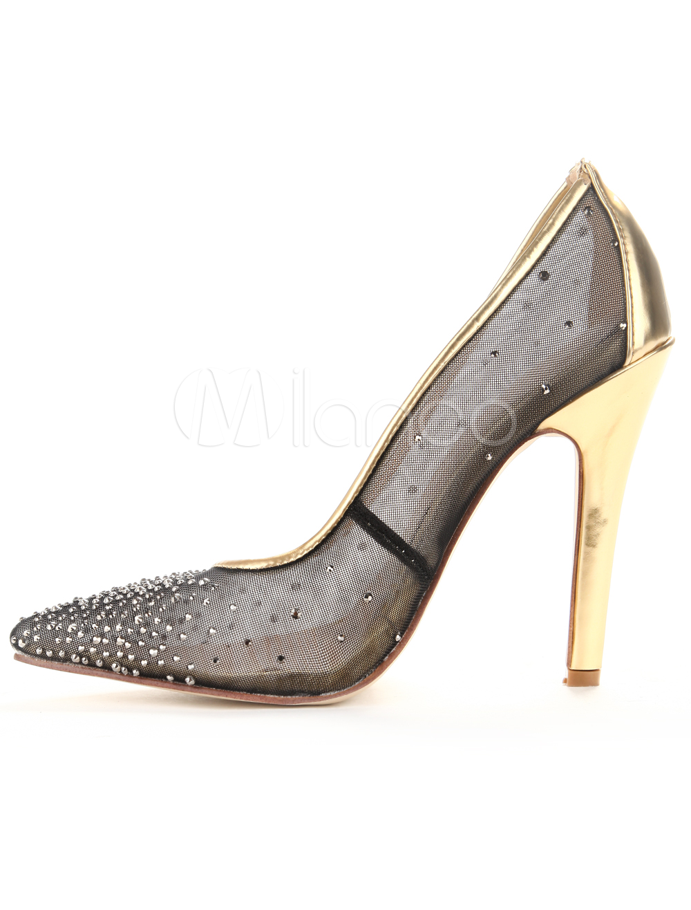 Shiny Gold Stiletto Heel Mesh Woman's Pointy Toe Shoes - Milanoo.com