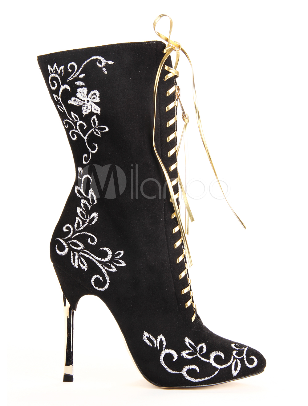 Popular Black Pointed Toe Stiletto Heel Micro Suede Women's Mid Calf ...