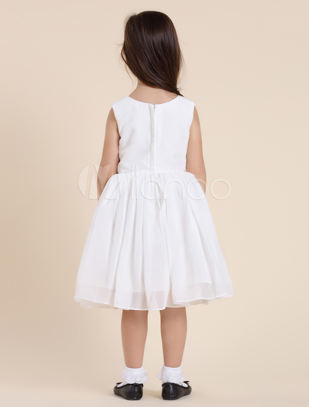 White Aline VNeck KneeLength Tiered Flower Girl Dress