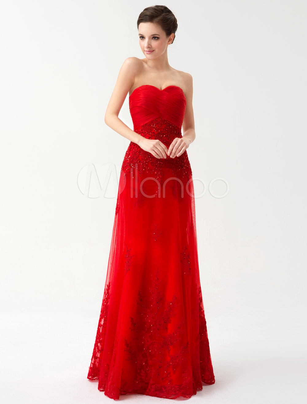 Red Strapless Lace Sleeveless Evening Dress - Milanoo.com