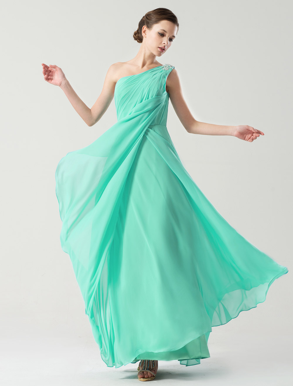 Green Sequin One-Shoulder Sleeveless A-line Women's Evening Dress ...