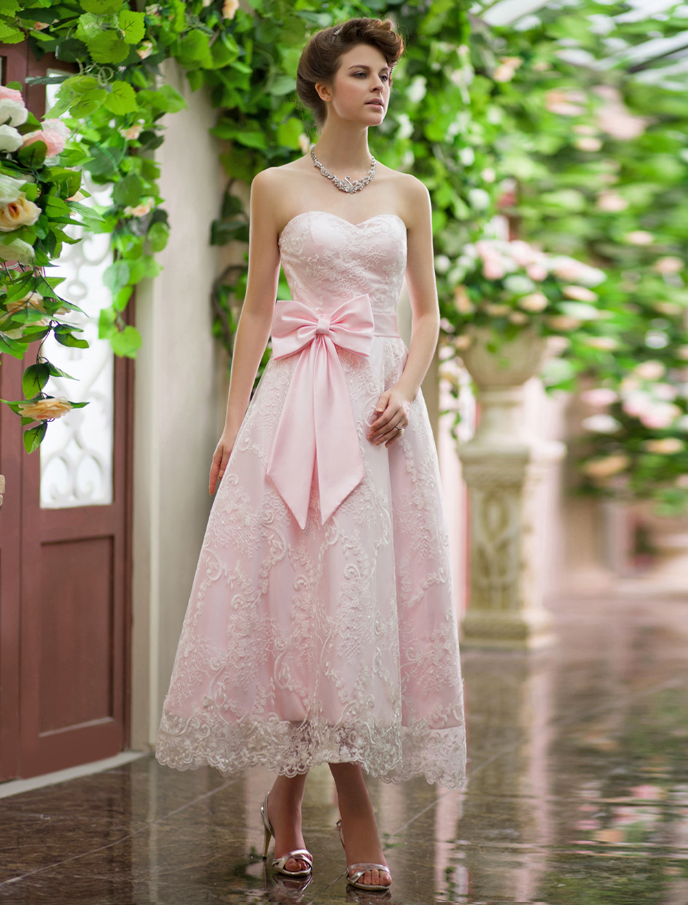 A Line Sweetheart Lace Up Lace Tea Length Wedding Reception Dress Milanoo 3745