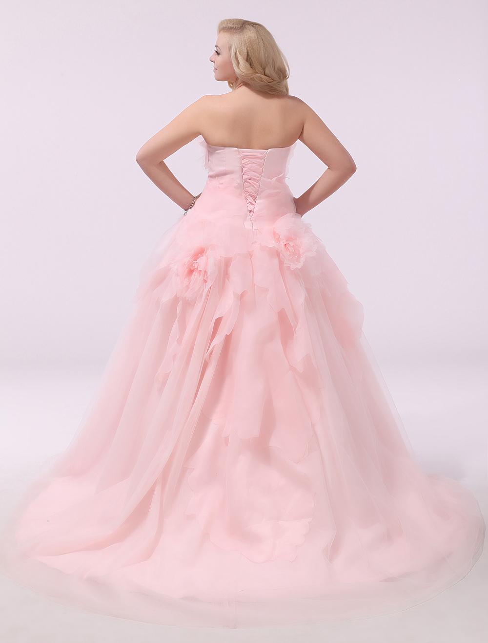 Plus Size Wedding Dress Pink Organza Bridal Gown Sweetheart Strapless A Line 3d Flowers Court