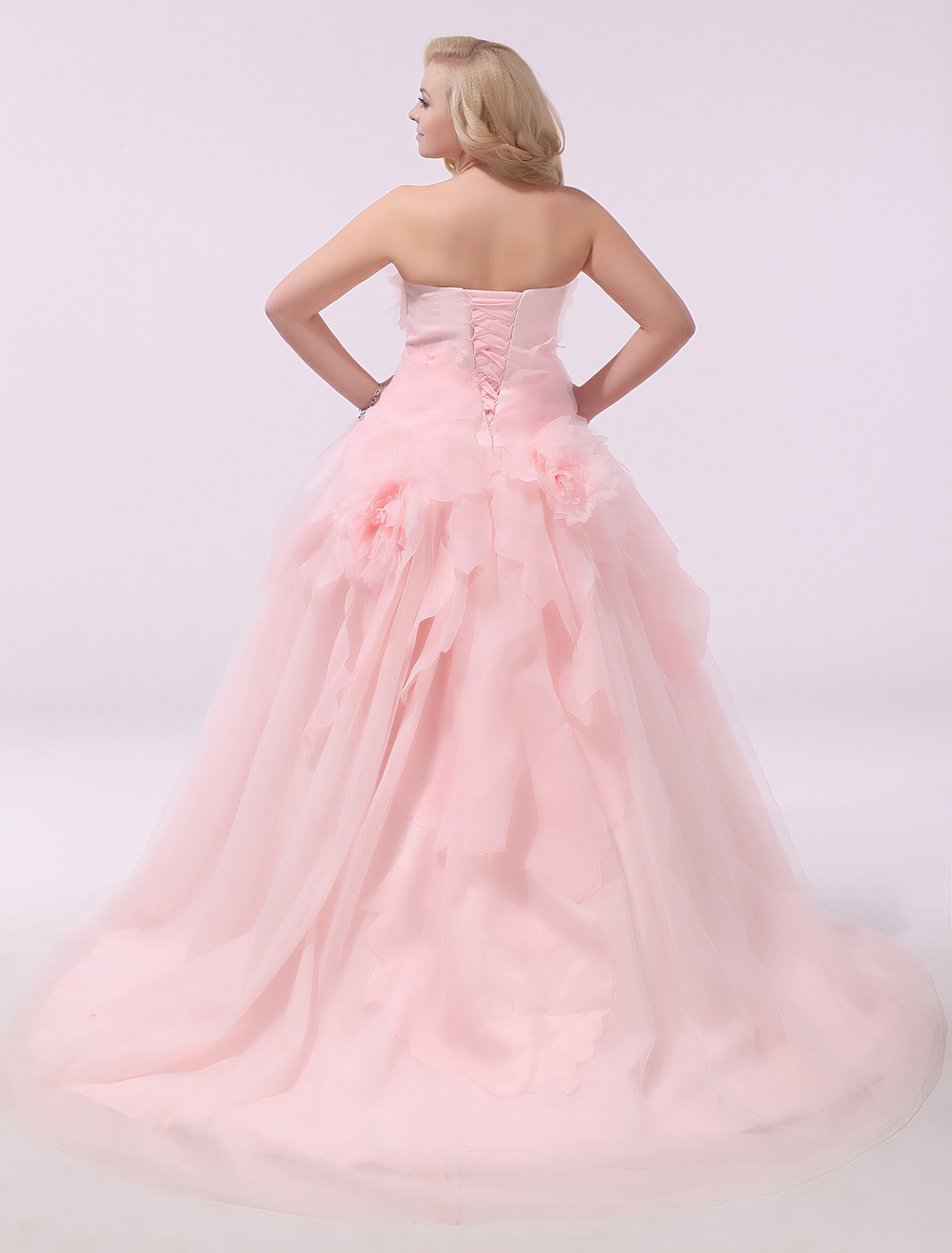 Plus Size Wedding Dress Pink Organza Bridal Gown Sweetheart Strapless A Line 3D Flowers Court