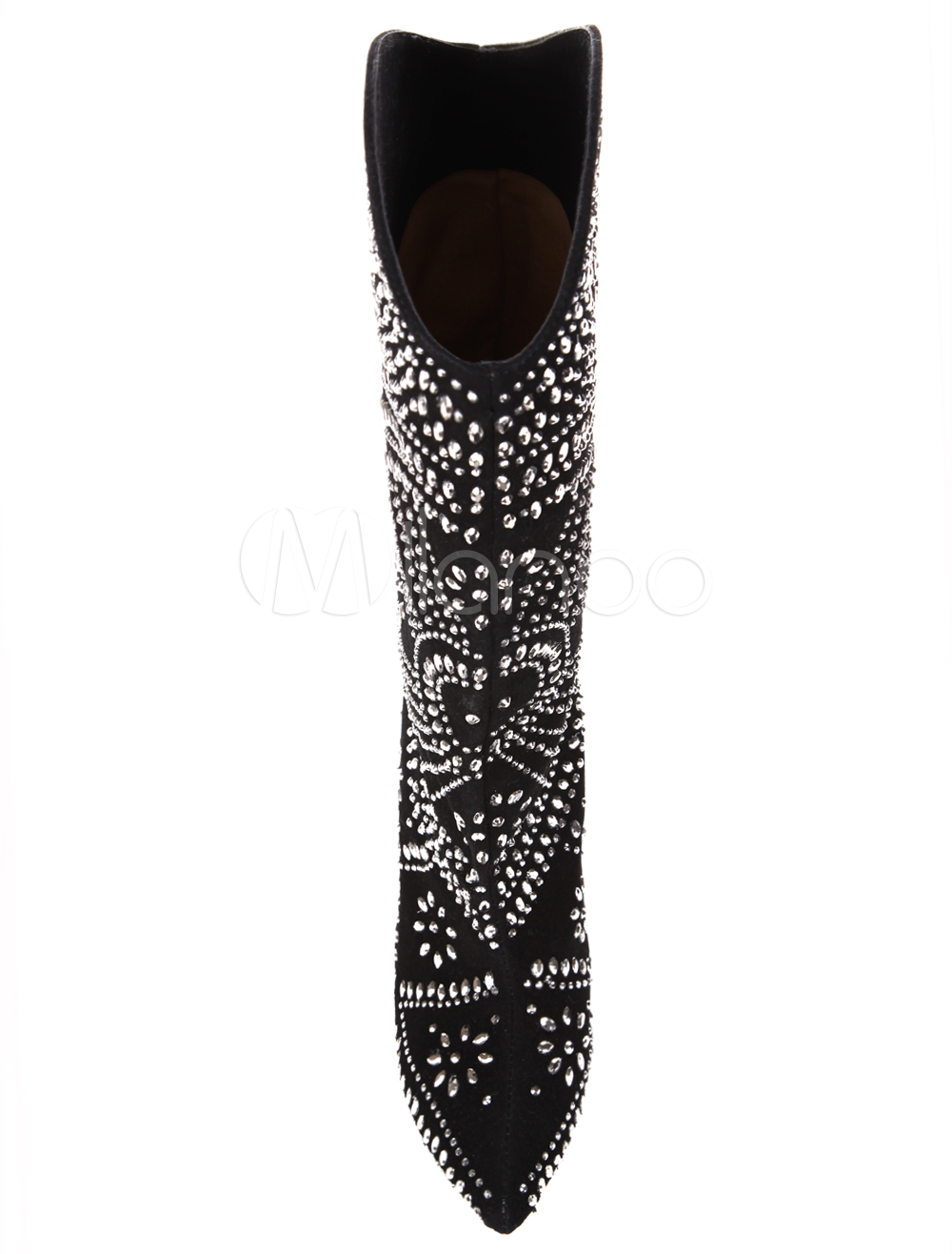 Black Pointed Toe Rhinestone Sheepskin Mid Calf Boots for Woman